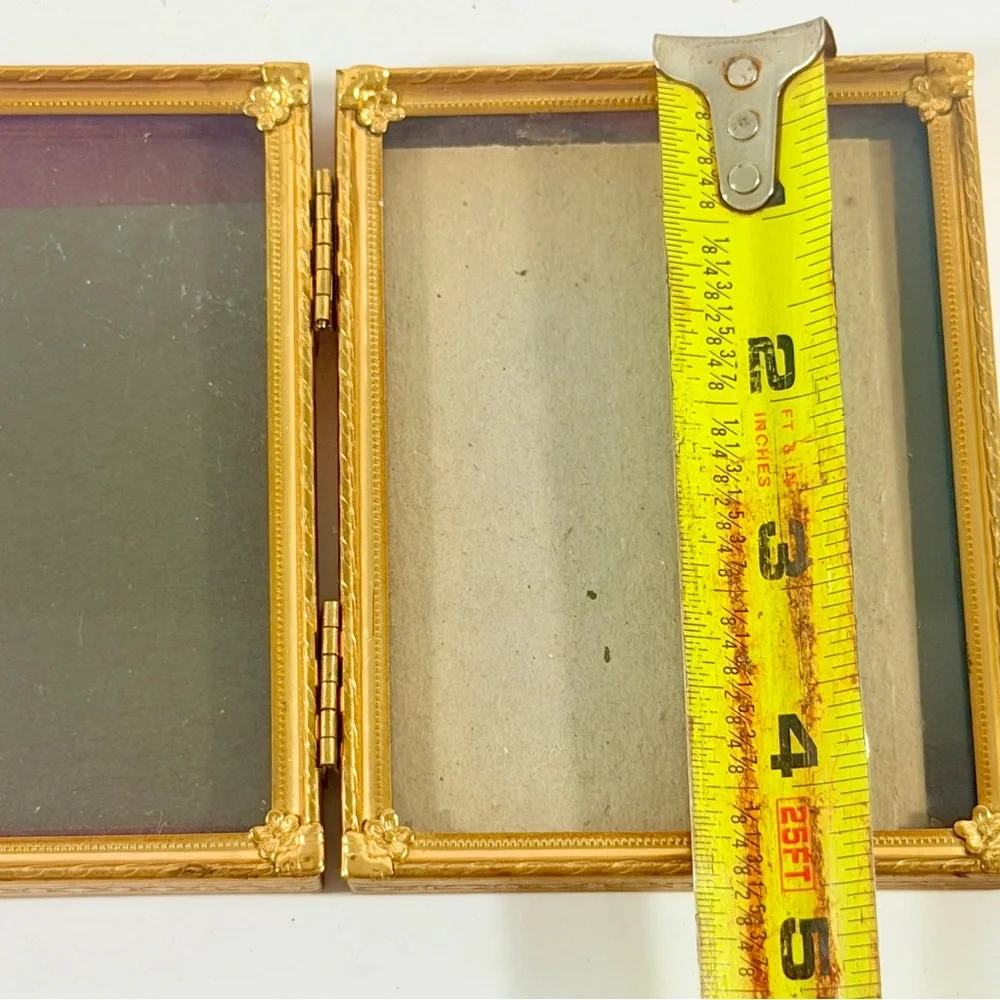 Vtg Victorian Etched Ornate Brass Bi-Fold MCM Photo Picture Frame Velvet Backing